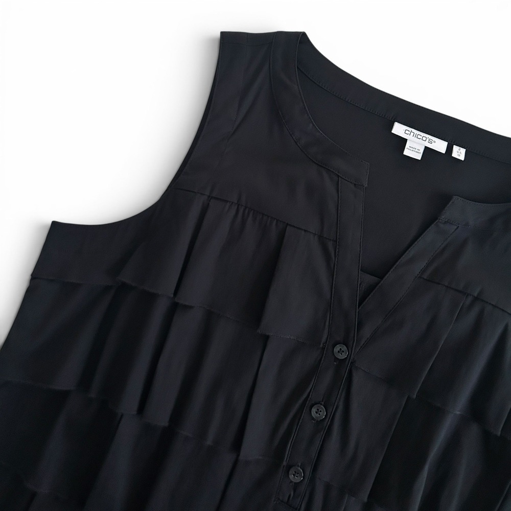 Chico's Women 12 Black Large Cotton Sleeveless Ruffled Tiered Shift Dress Size 2 - Picture 5 of 14